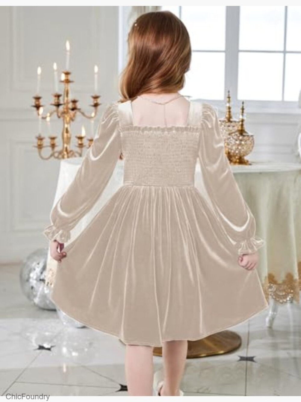 Toddler Velvet Dress Smocked Square Neck Puff Long Sleeve Party Dresses with - Picture 3 of 7